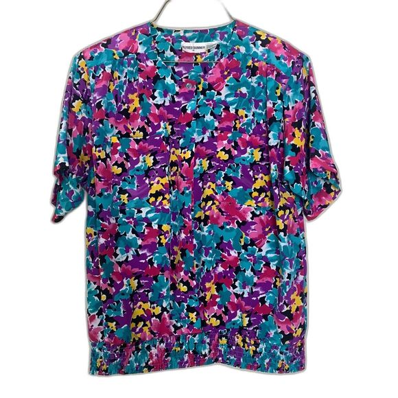 Alfred Dunner VTG bright floral‎ short sleeve elastic waist blouse Plus Size 14 - Picture 1 of 7